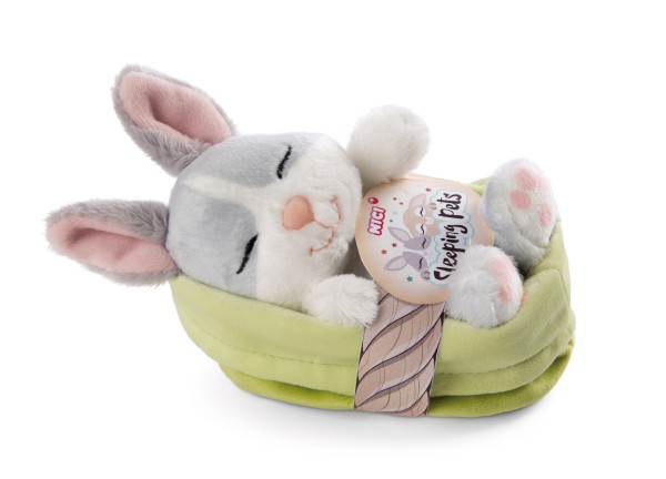 Soft Toy Sleeping Pets Bunny grey 12cm in green basket