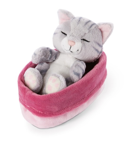 Kuscheltier Katze grau 12cm im pink-lilanen Körbchen
