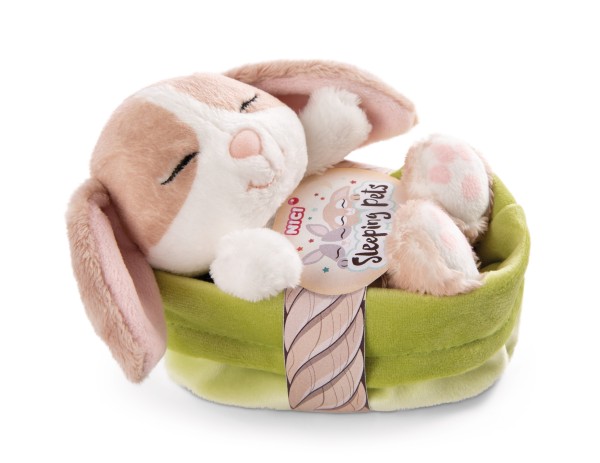 Soft Toy Sleeping Pets Bunny cappuccino 12cm in green basket